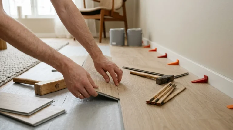 Klik-vinylplanker lægges med afstandskiler langs væggen